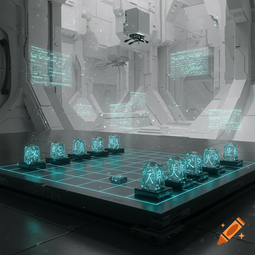 A futuristic Shogi board with glowing holographic pieces and data screens in a white, high-tech room, with a drone hovering above.