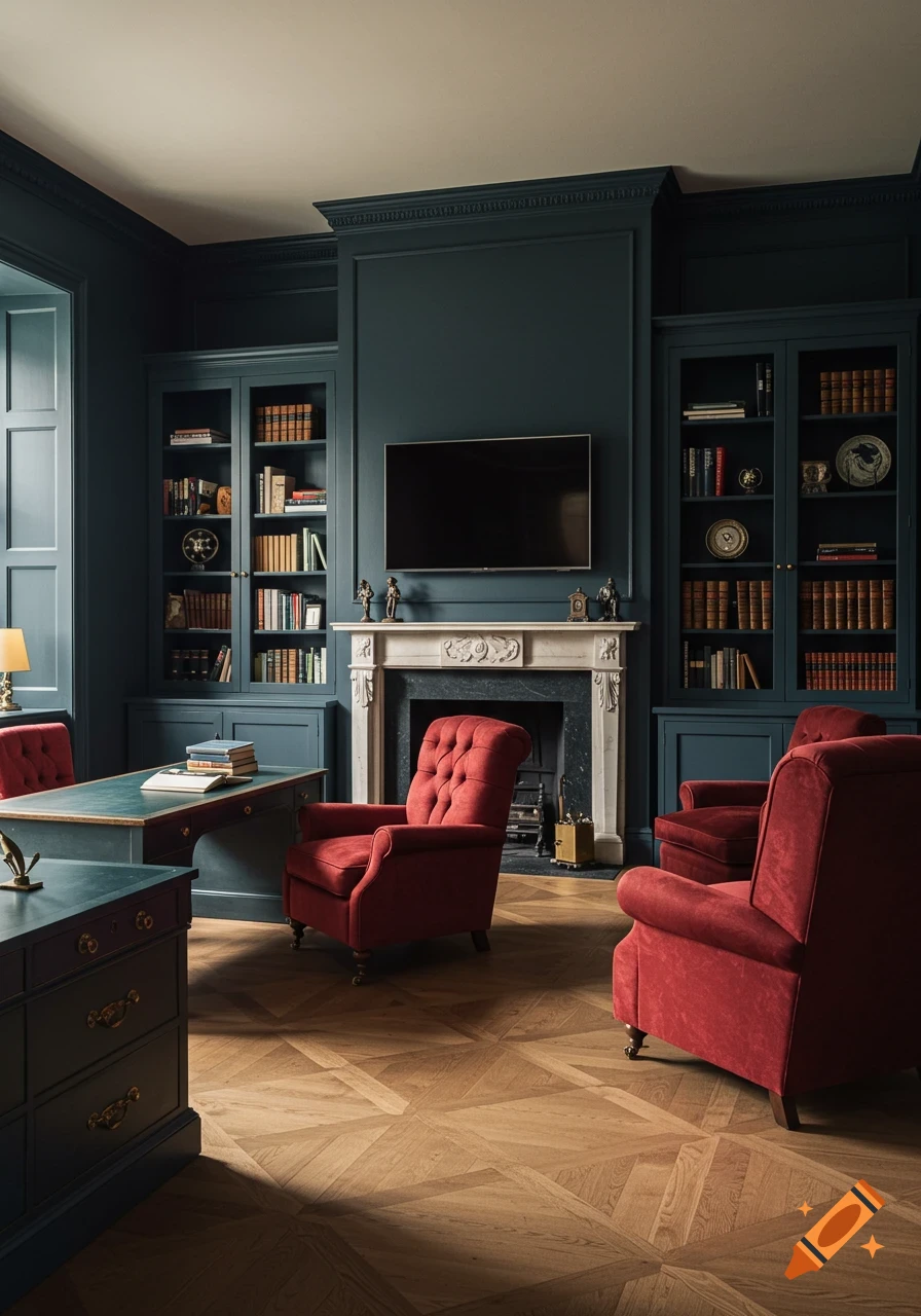 A vintage dark academia study room with dark blue walls, a fireplace, TV, bookshelves, red armchairs, and a wooden desk.