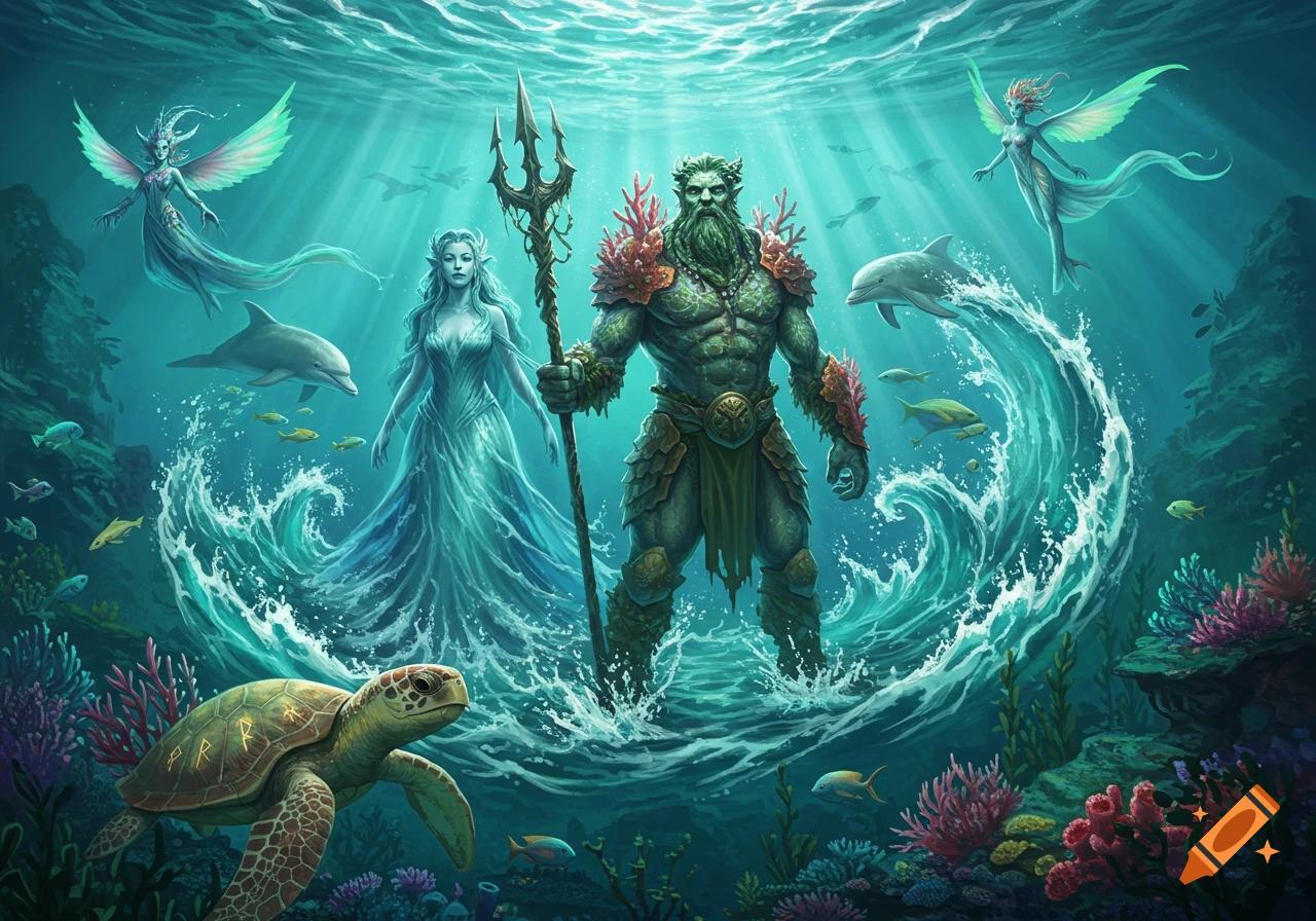 A powerful sea god with a trident and an ethereal woman stand underwater with fairies, dolphins, and a turtle in a vibrant fantasy scene.