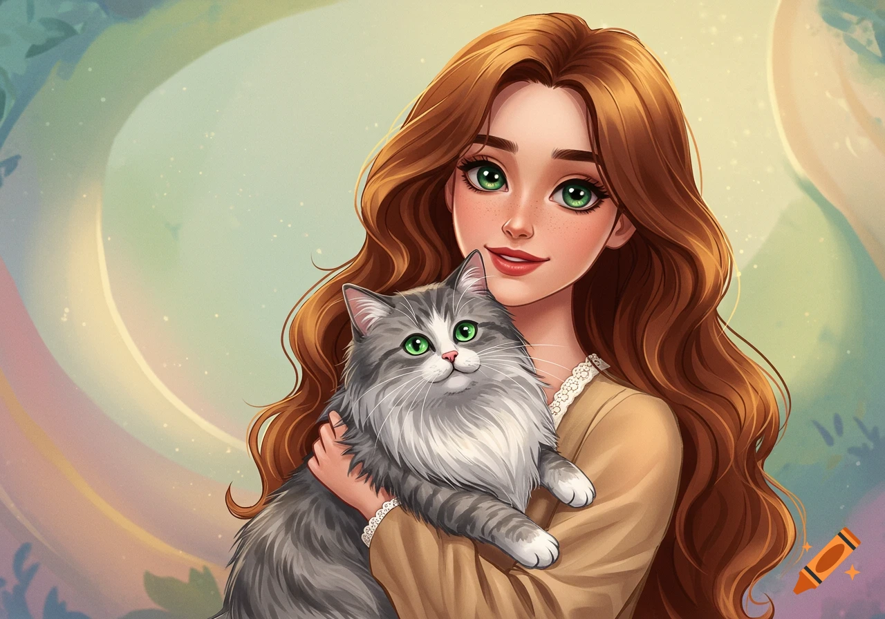 A cartoon woman with long brown hair and green eyes holds a fluffy gray and white cat.