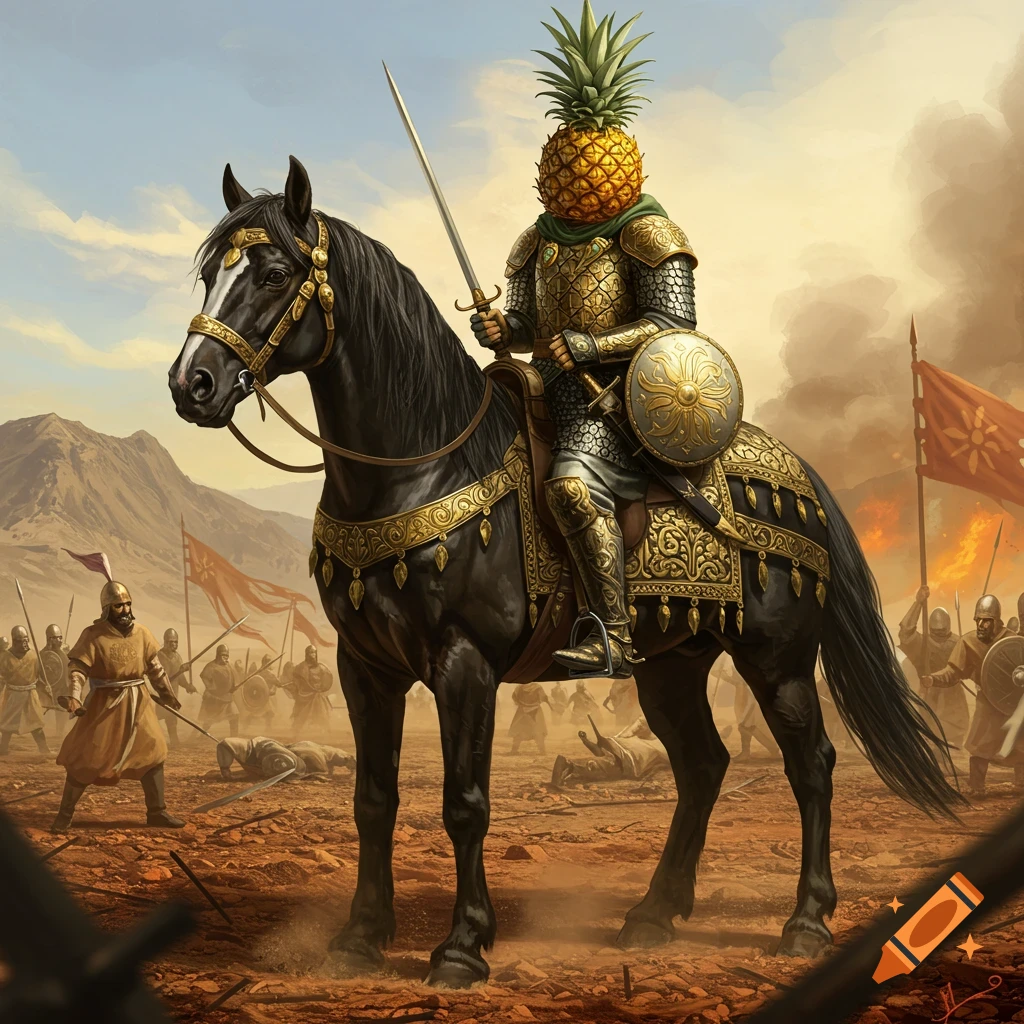A pineapple-headed knight in gold armor rides a black horse across a dusty battlefield amidst a fierce battle scene.