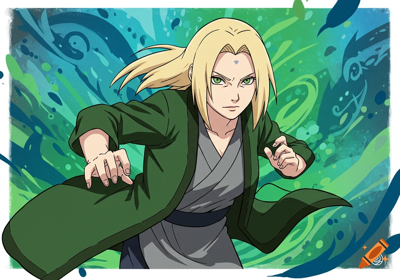 Anime illustration of Tsunade from Naruto, blonde hair, green eyes, green coat, dynamic pose, vibrant background.