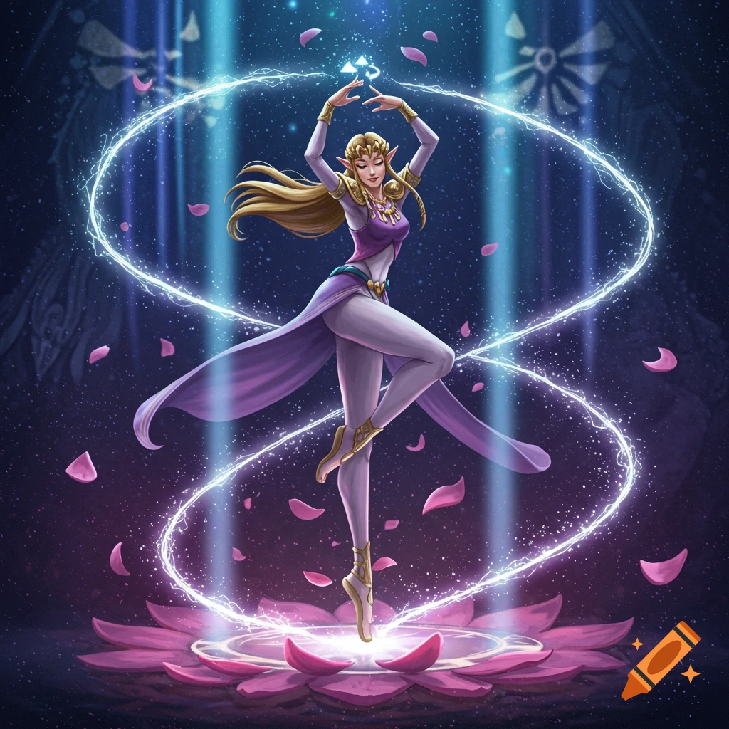Princess Zelda in a flowing purple and gold outfit dancing on a pink lotus flower, surrounded by glowing light trails and petals.