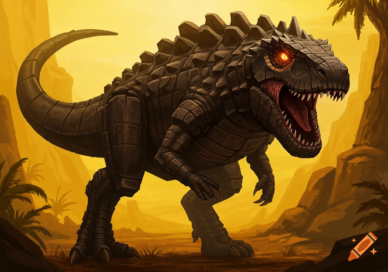 A fierce, blocky dinosaur with glowing orange eyes and an open mouth full of sharp teeth stands in a golden desert landscape.