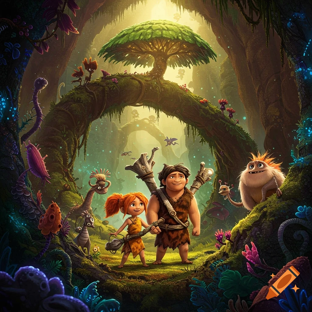 Cartoon characters resembling The Croods, a male and female, stand in a vibrant, bioluminescent fantasy jungle with creatures.