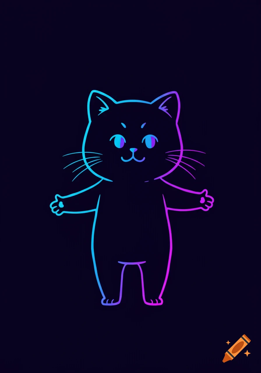 A cartoon cat outlined in glowing blue and purple stands on a black background with arms outstretched.