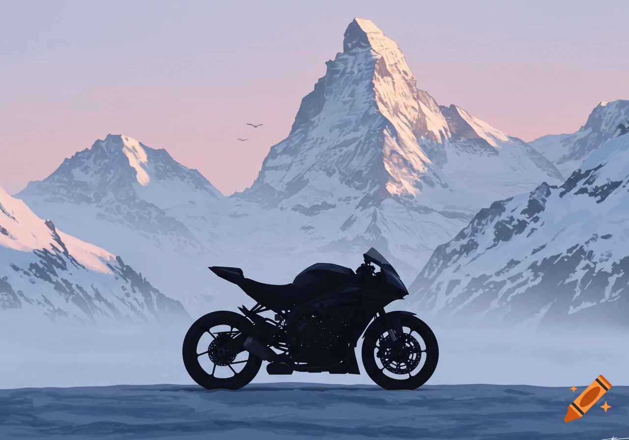 A digital illustration of a black racing bike silhouette in a snowy mountain landscape under a pink sky.