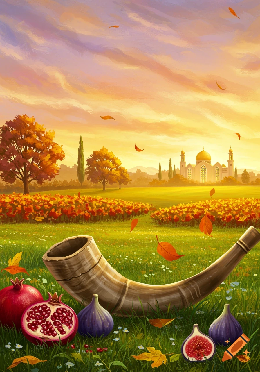 A vibrant, painterly autumn scene with a shofar, pomegranates, and figs in a grassy field, under a colorful sky with a distant domed building.