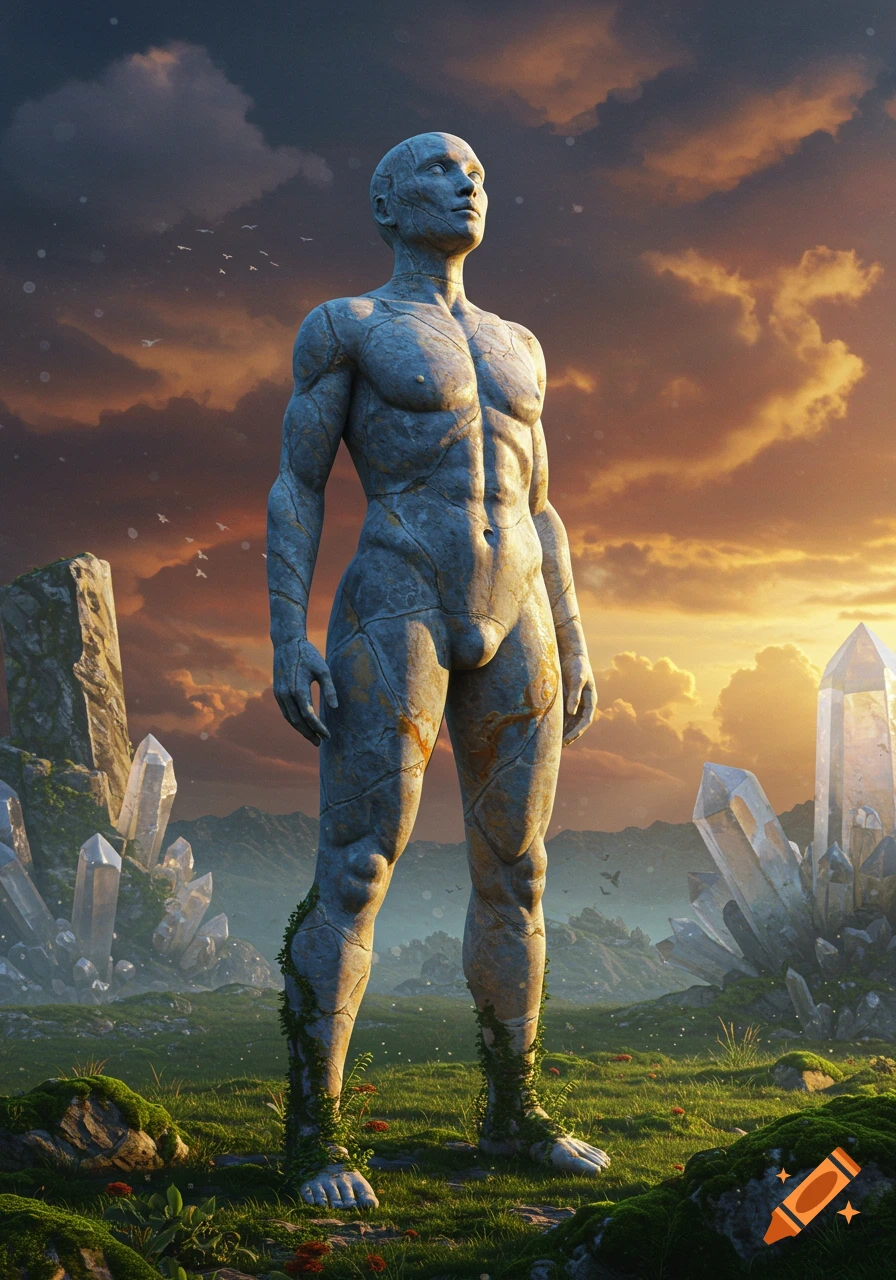 A tall, muscular granite statue of a man stands in a vibrant green field surrounded by large clear crystals under an orange and blue sunset sky.