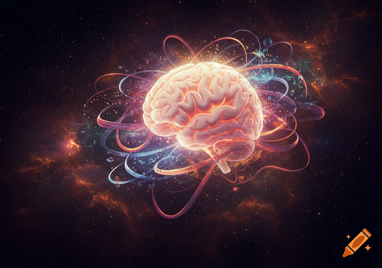 A glowing human brain surrounded by swirling colorful light ribbons and data particles against a dark, starry cosmic background.