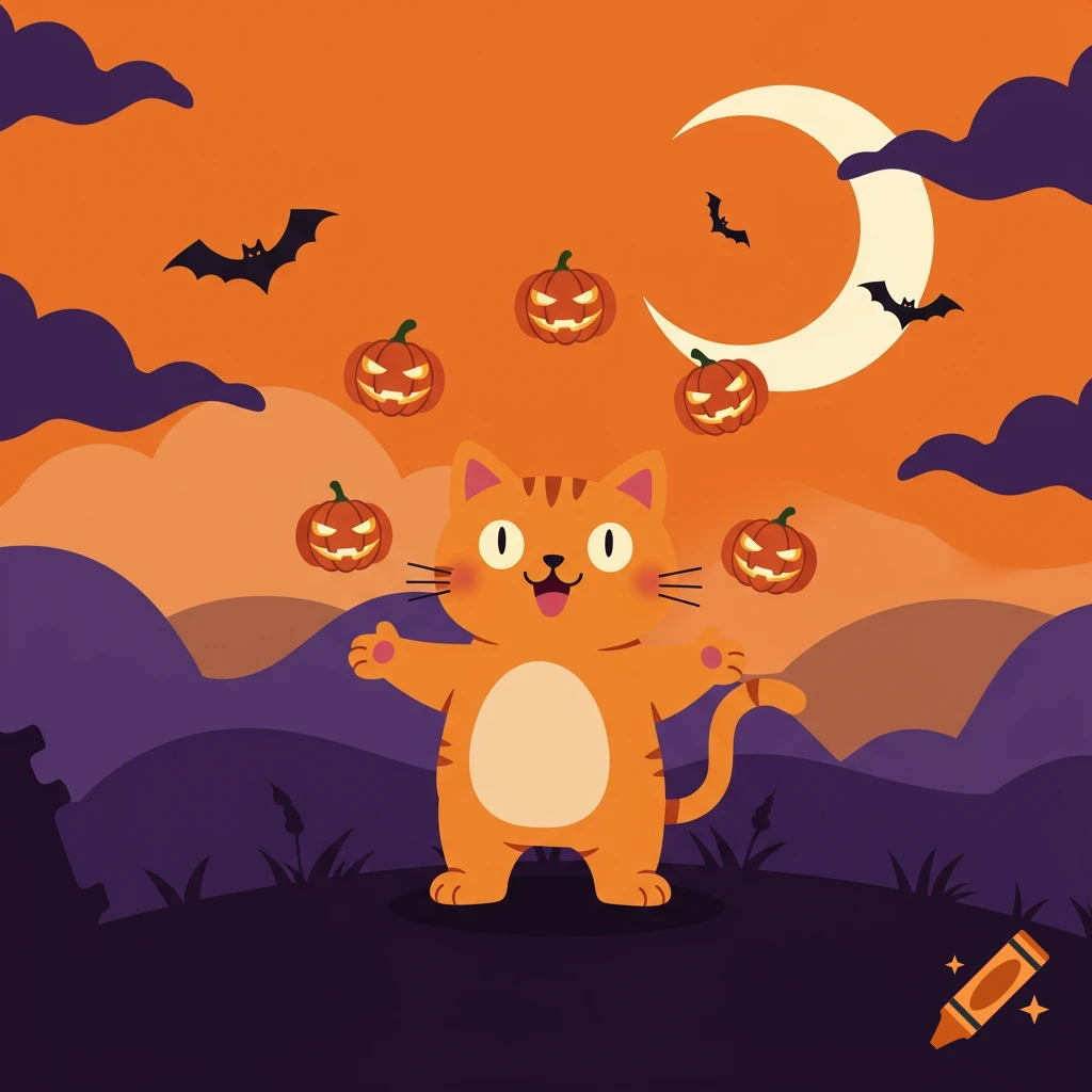 A cute orange cartoon cat in a Halloween landscape with bats, glowing pumpkins, and a crescent moon.