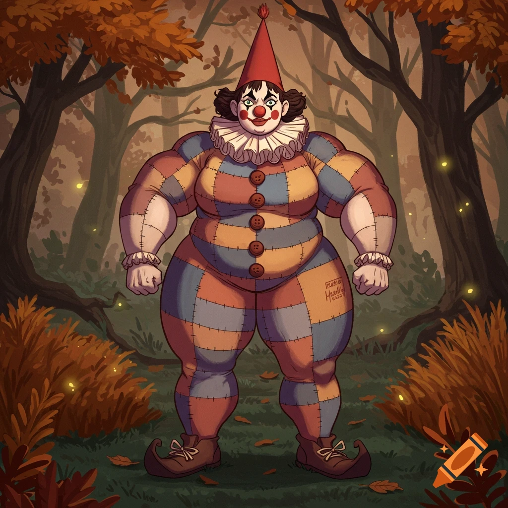 A muscular clown woman in a colorful patched suit, red conical hat, and ruffled collar stands in an autumn forest in a cartoon style.