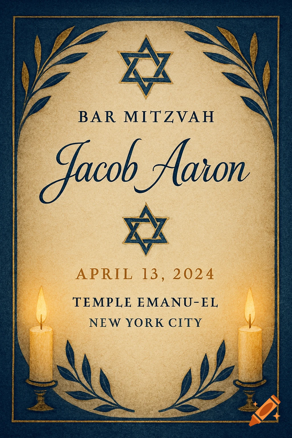 Formal Bar Mitzvah invitation with blue and gold accents, two Stars of David, and two lit candles.