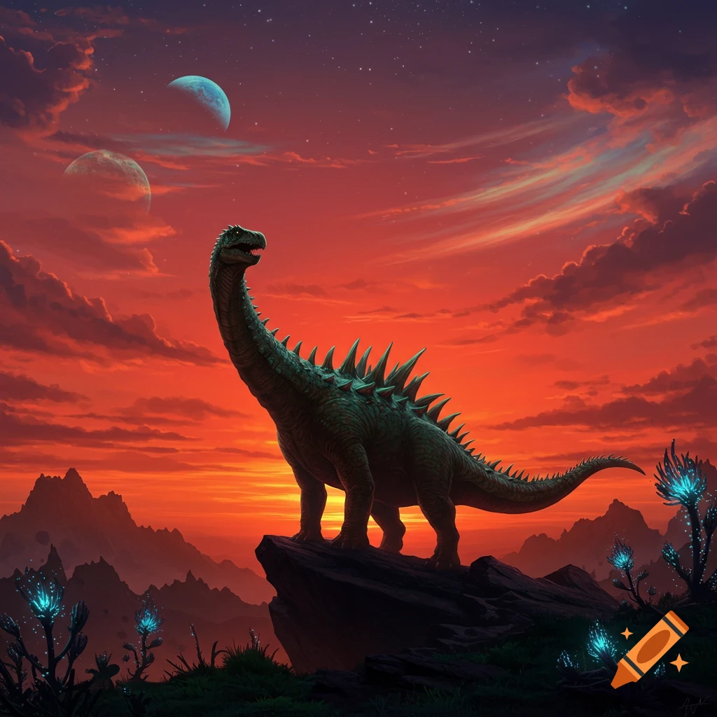 A spiked dinosaur stands on a rock on an alien planet with a fiery red sunset, two moons, and glowing blue plants. Stylized digital art.