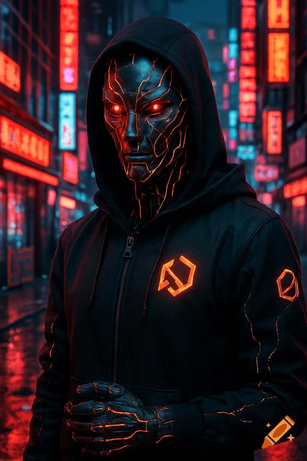 Close-up of a humanoid robotic figure in a black hoodie, with glowing red eyes and orange circuit patterns on its metallic face and hands, standing in a neon-lit cyberpunk city at night.