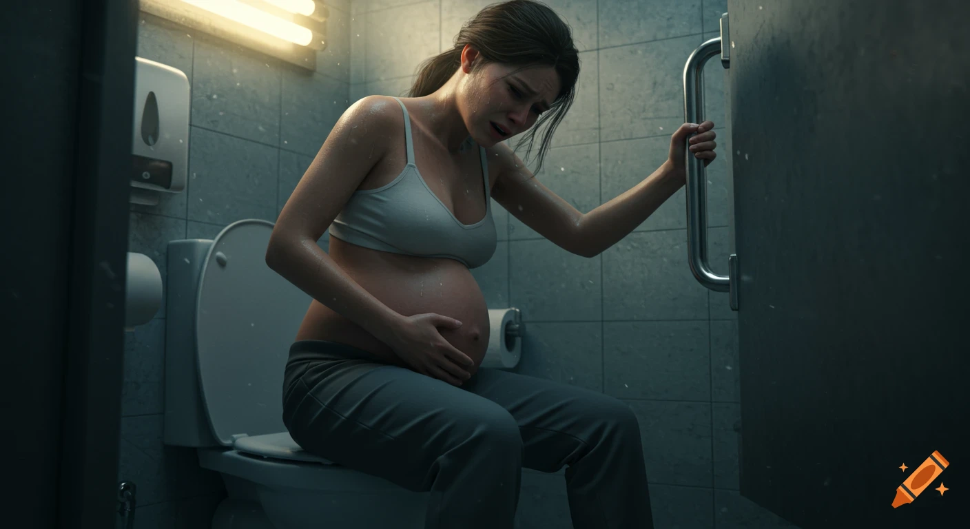 Photorealistic image of a pregnant woman in pain, seated on a toilet in a public restroom stall, holding a grab bar.