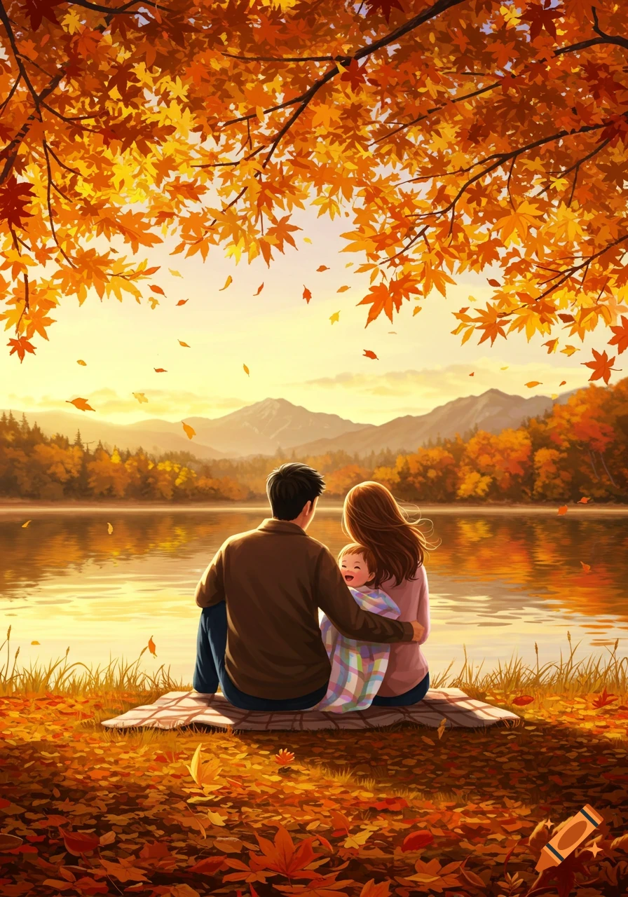 Illustrated family sitting by a lake at sunset, surrounded by vibrant autumn foliage.