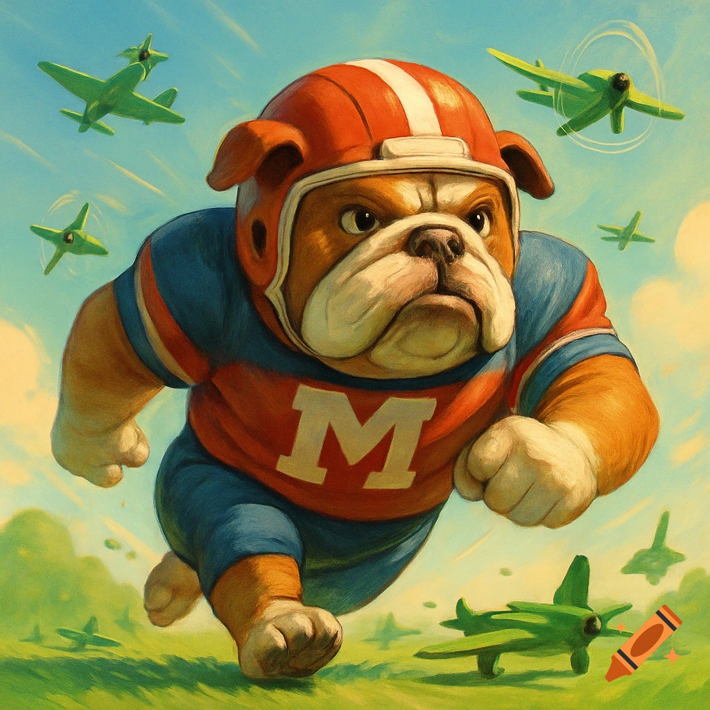 Cartoon bulldog in a red and blue football uniform with an M, running on grass under a blue sky with green toy planes flying around.