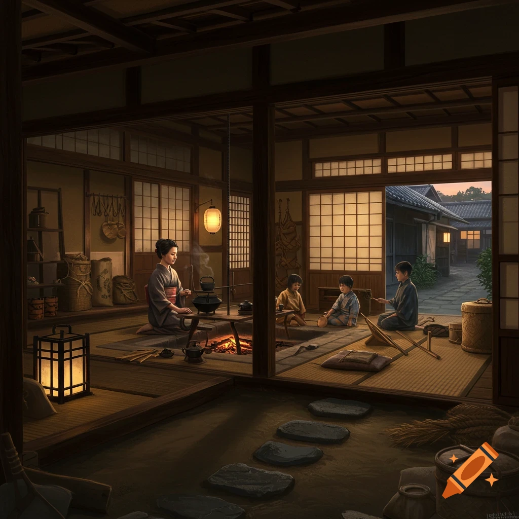 Realistic image of a Japanese family in an Edo-period home, mother cooking at irori hearth while children play in the warm, dim light.