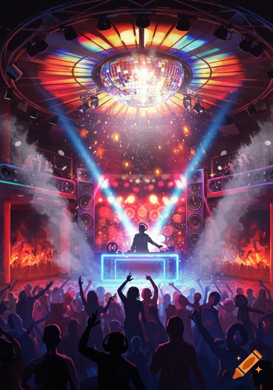 A vibrant disco with a DJ on stage, a large disco ball, and a crowd of silhouettes dancing under colorful spotlights.