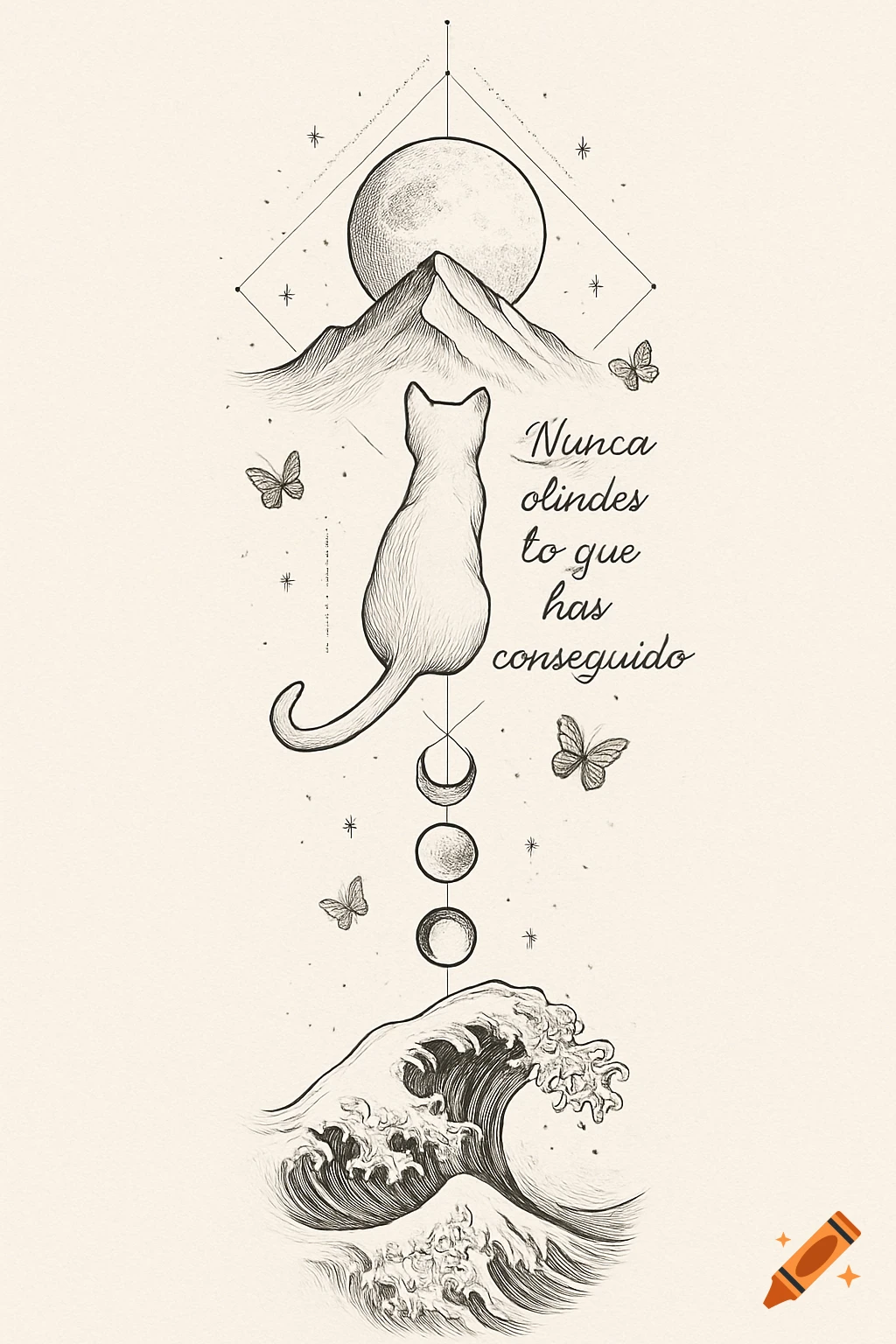 Fine line tattoo design with a cat, moon over mountains, moon phases, waves, and butterflies.