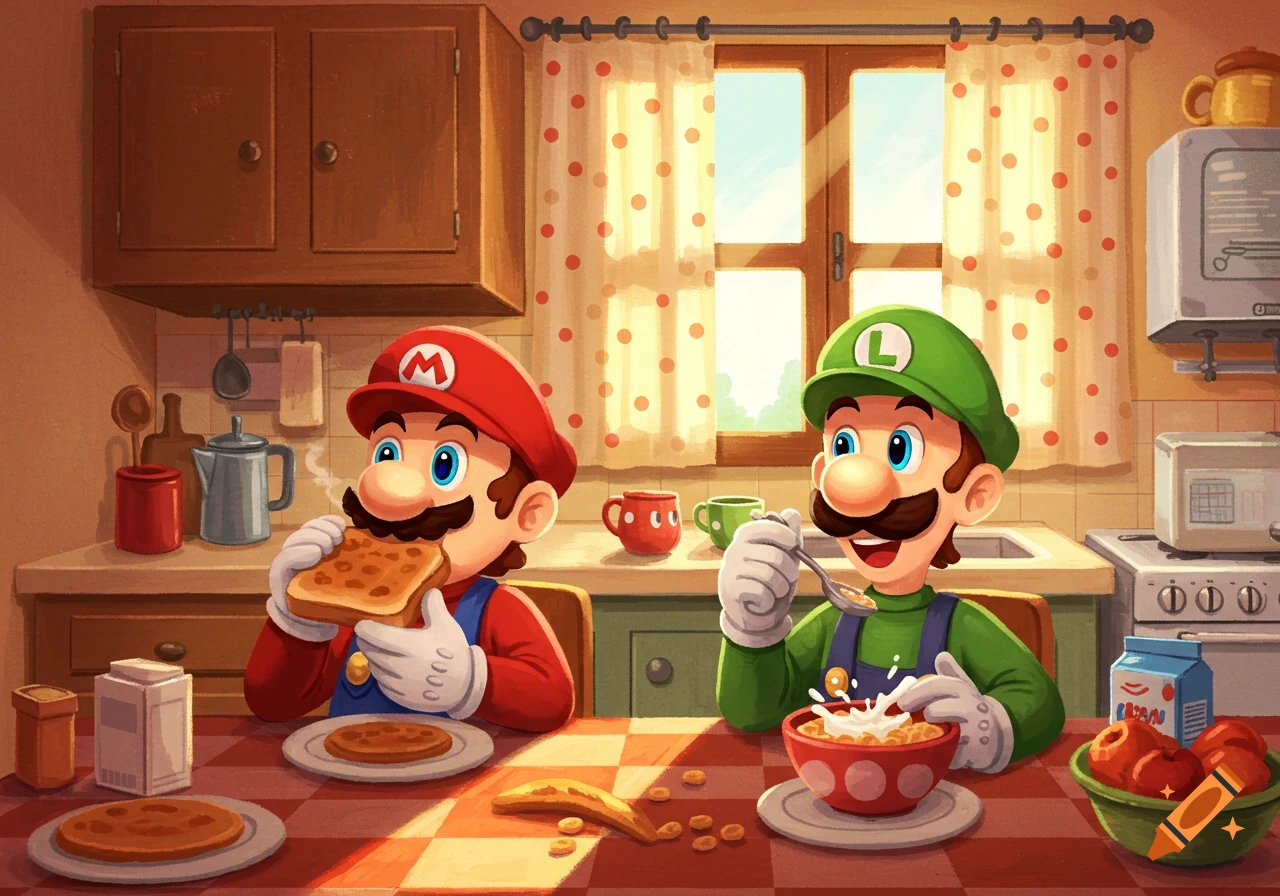 Mario and Luigi eat breakfast in a cozy kitchen. Mario eats toast, Luigi eats cereal.