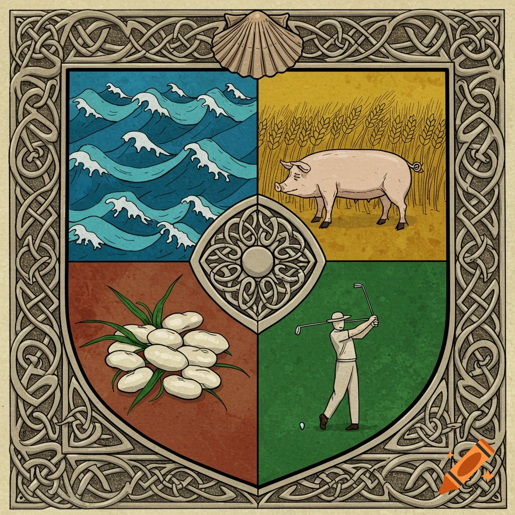A colorful, quartered coat of arms with a Celtic knot border, featuring waves, a pig, white beans, and a golfer.