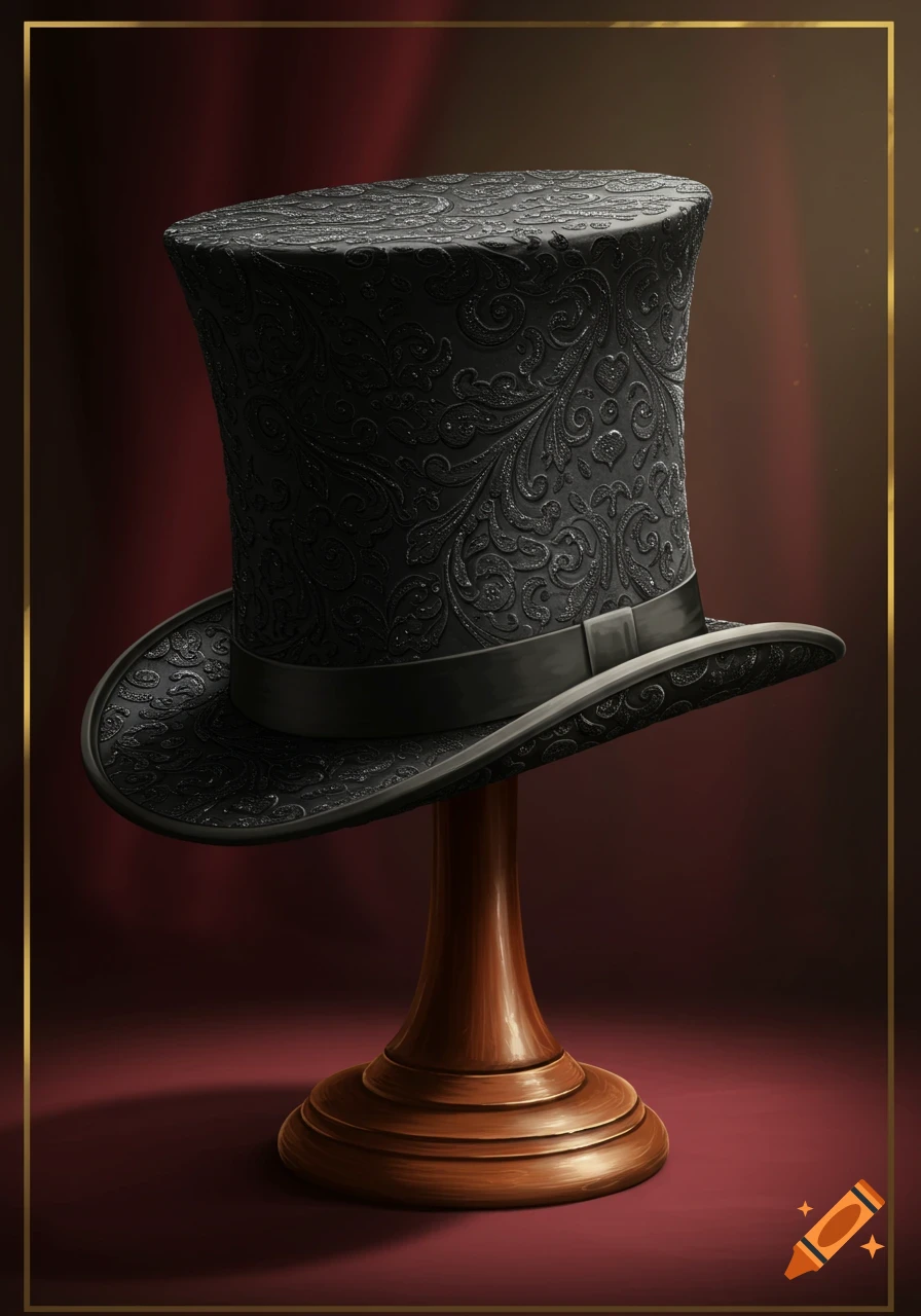 A black top hat with intricate embossed patterns rests on a wooden display stand against a deep red backdrop.