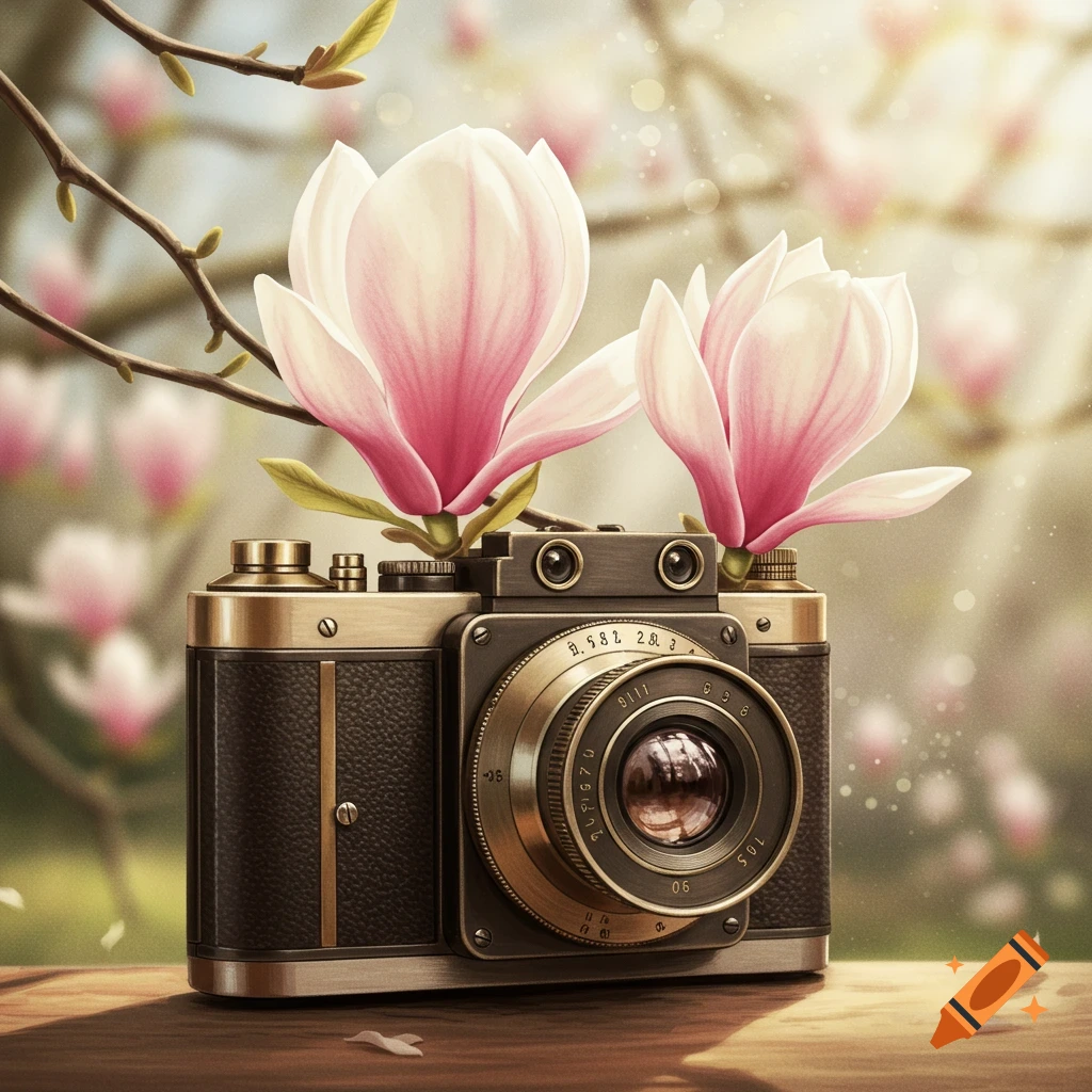 A vintage camera adorned with two pink and white magnolia flowers, set on a wooden surface with a soft, blurred floral background.