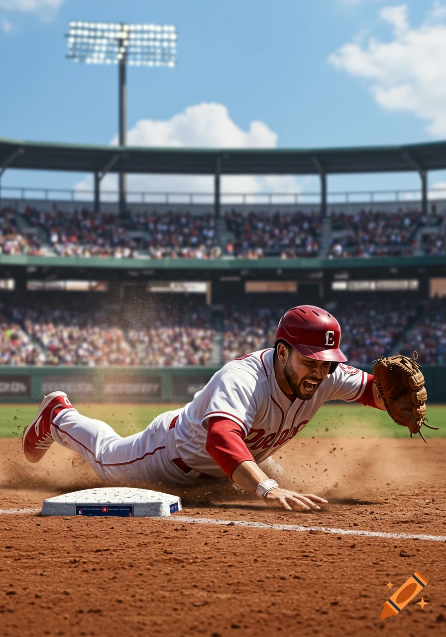A photorealistic image of a baseball player in a red and white uniform sliding headfirst into second base on a dirt field during a game.