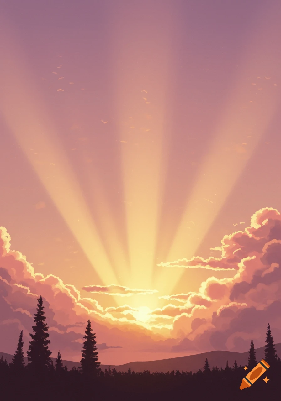 Stylized sunrise with warm rays breaking through clouds over a silhouetted forest and mountains.