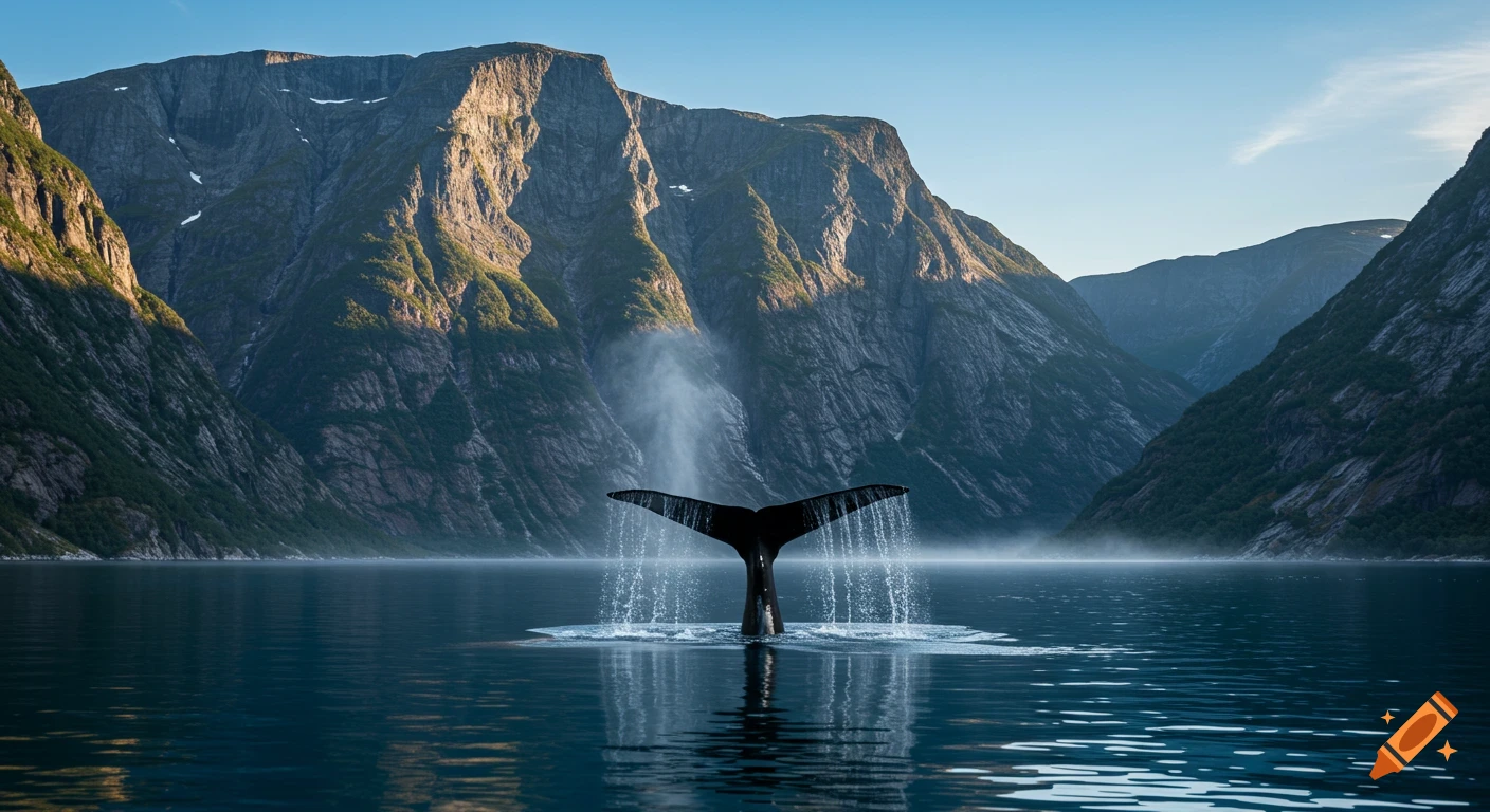 Photorealistic image of a whale's dark fluke surfacing in a calm fjord surrounded by towering rocky mountains.