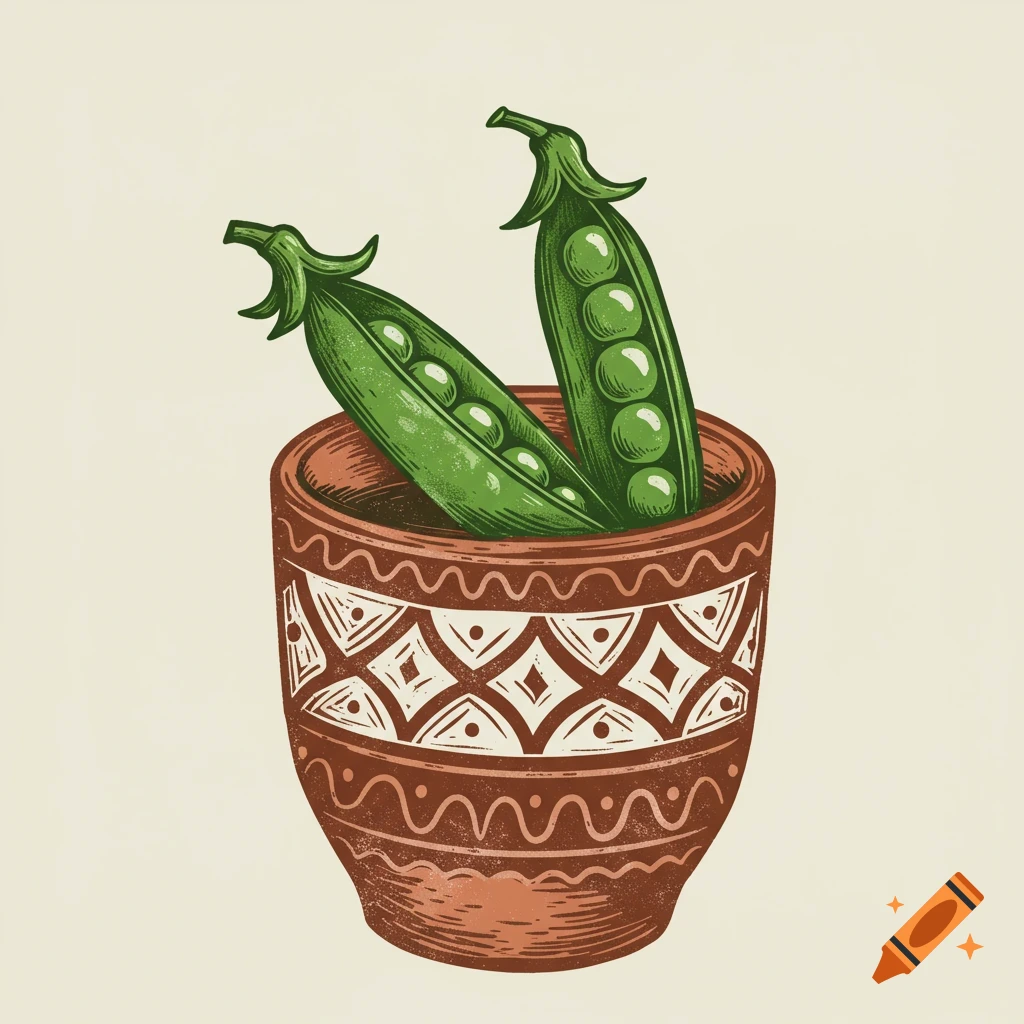 Two green pea pods, one open, in a brown decorated pot, in lino print style.