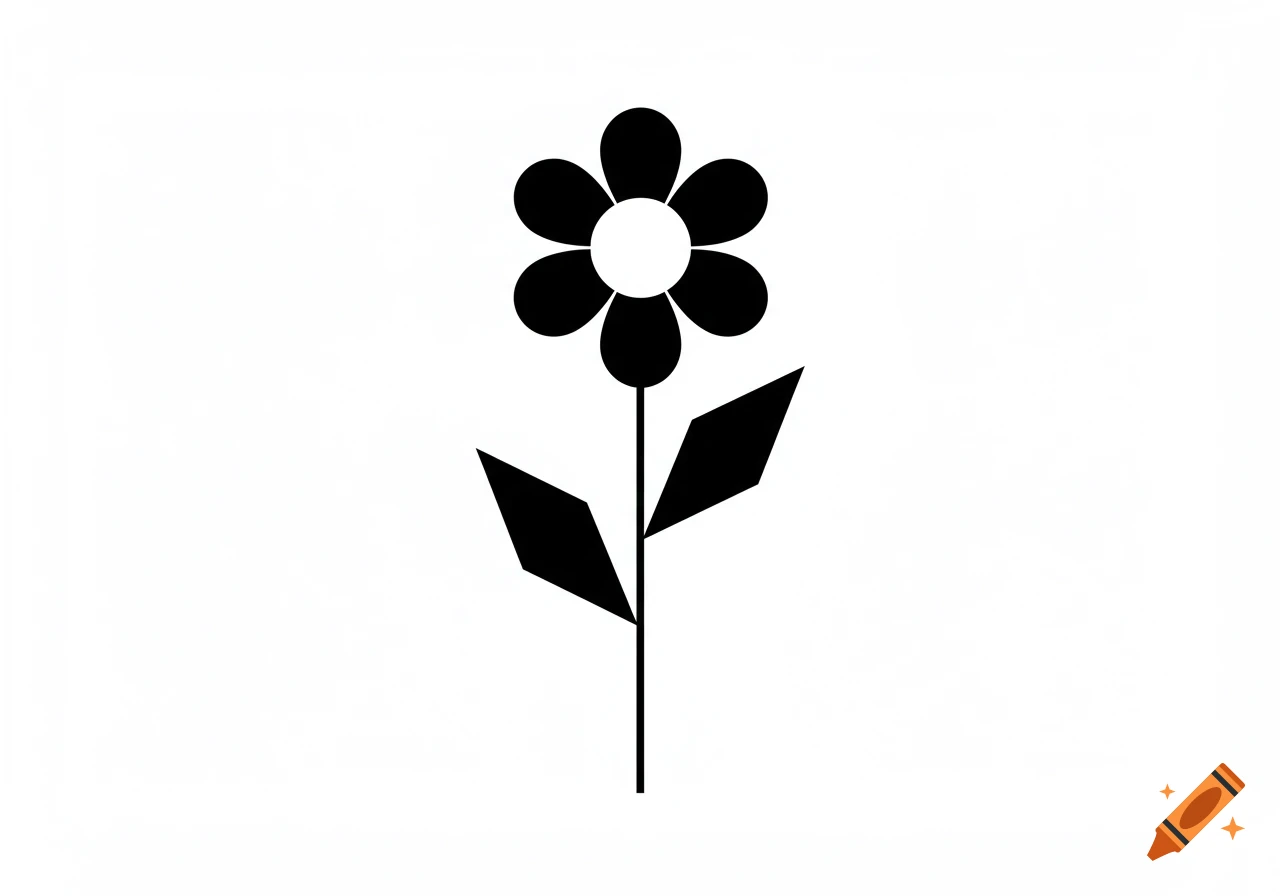 A minimalist black and white illustration of a flower made from geometric shapes.