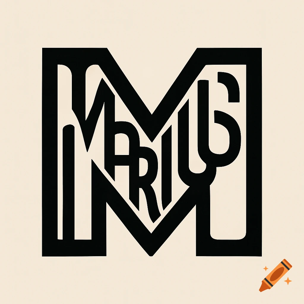 Black geometric minimalist logo of the name MARIUS integrated into a large M on a beige background.