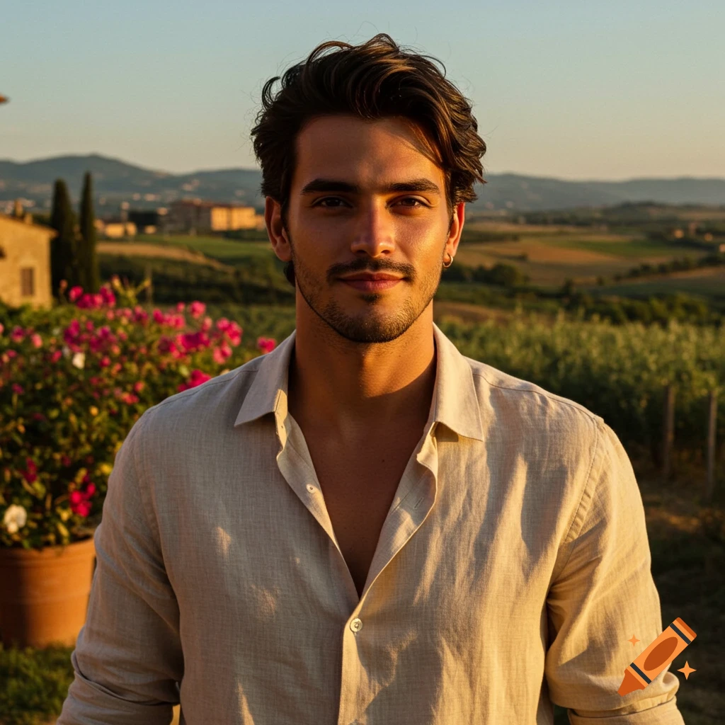 Photorealistic portrait of a handsome man with a slight beard in a light shirt, standing in a sunlit European countryside.