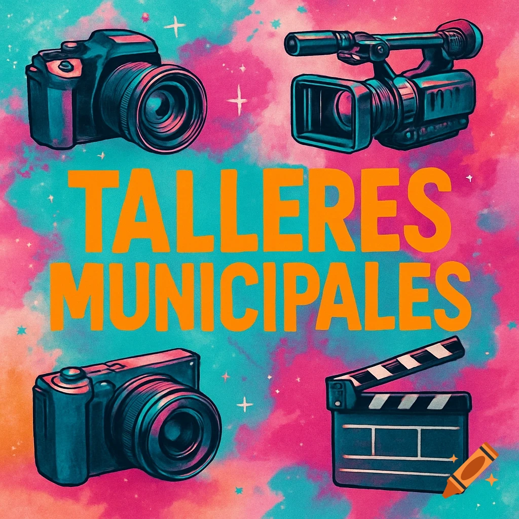 Two cameras and a clapperboard on a vibrant pink and turquoise background with orange text 'TALLERES MUNICIPALES' in a graphic design style.