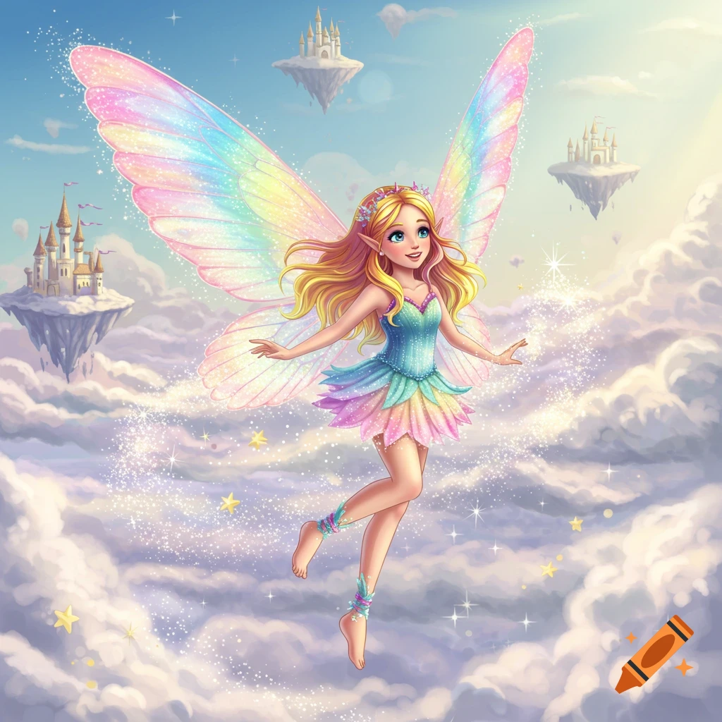 A colorful anime rainbow fairy floats in a magical sky world with sparkling dust, surrounded by clouds and floating castles.