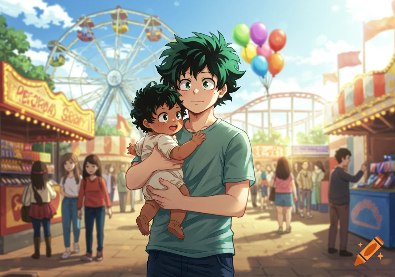 Izuku Midoriya, an anime character, holds a mixed-race baby at a bustling amusement park with a ferris wheel and roller coaster.