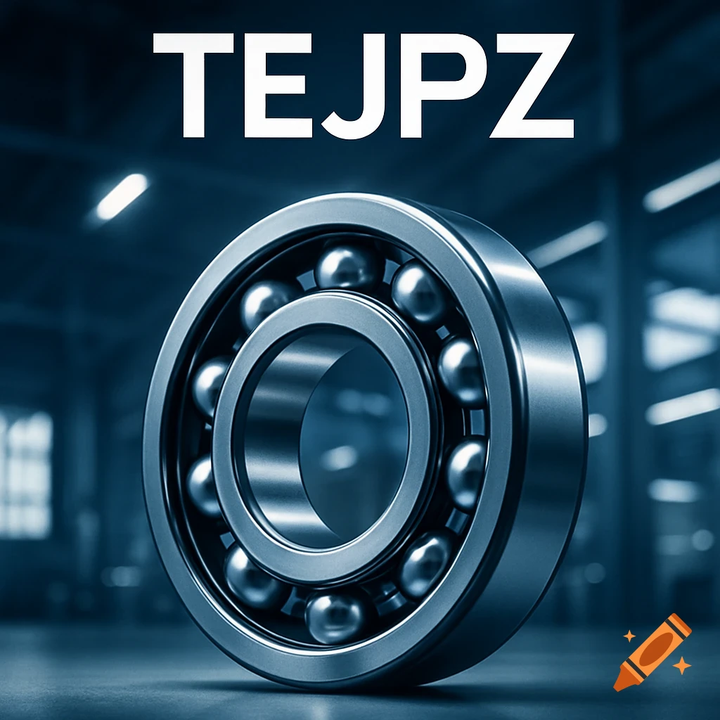 A photorealistic image of a shiny metal ball bearing with 'TEJPZ' text above it, in an industrial setting.