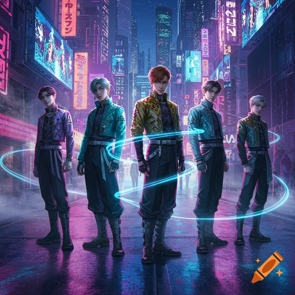 Five anime-style male characters in elaborate outfits stand in a neon-lit cyberpunk city street at night, with glowing blue rings around them.