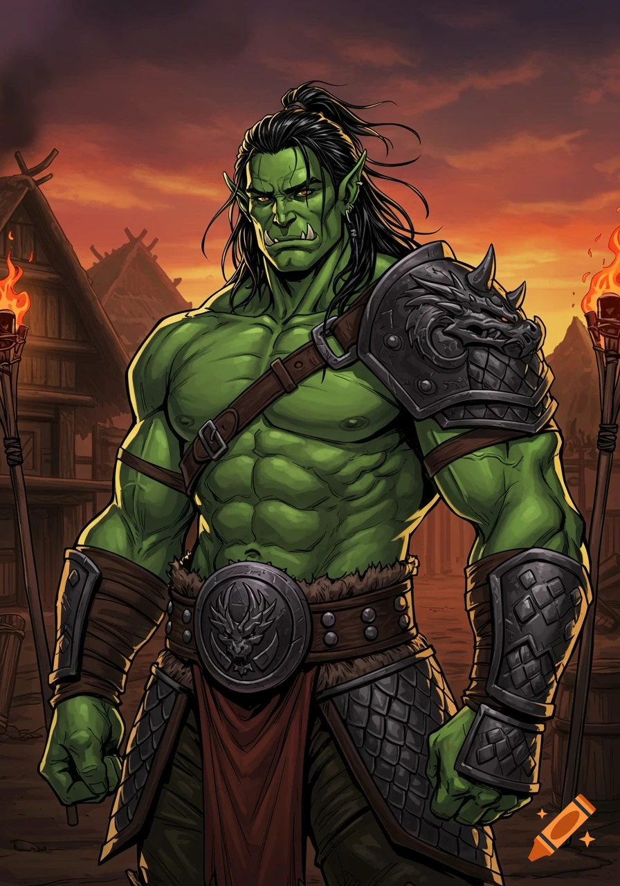 Muscular green orc in elaborate armor and loincloth, with long black hair and fangs, standing in a tribal village at sunset, manga style.