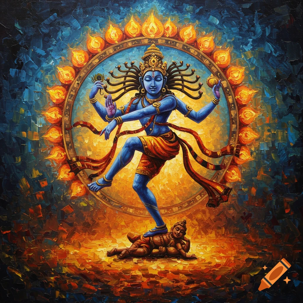 Blue-skinned Lord Shiva Nataraja dances with one foot on a reclining figure, surrounded by a ring of flames in an abstract oil painting style.