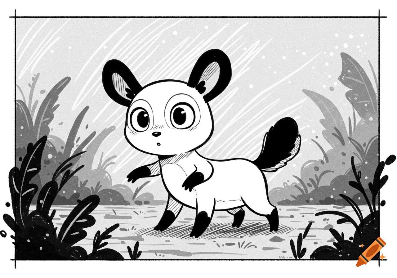 A cute black and white cartoon animal with big eyes and perked ears stands in a stylized forest, in an ink drawing style.