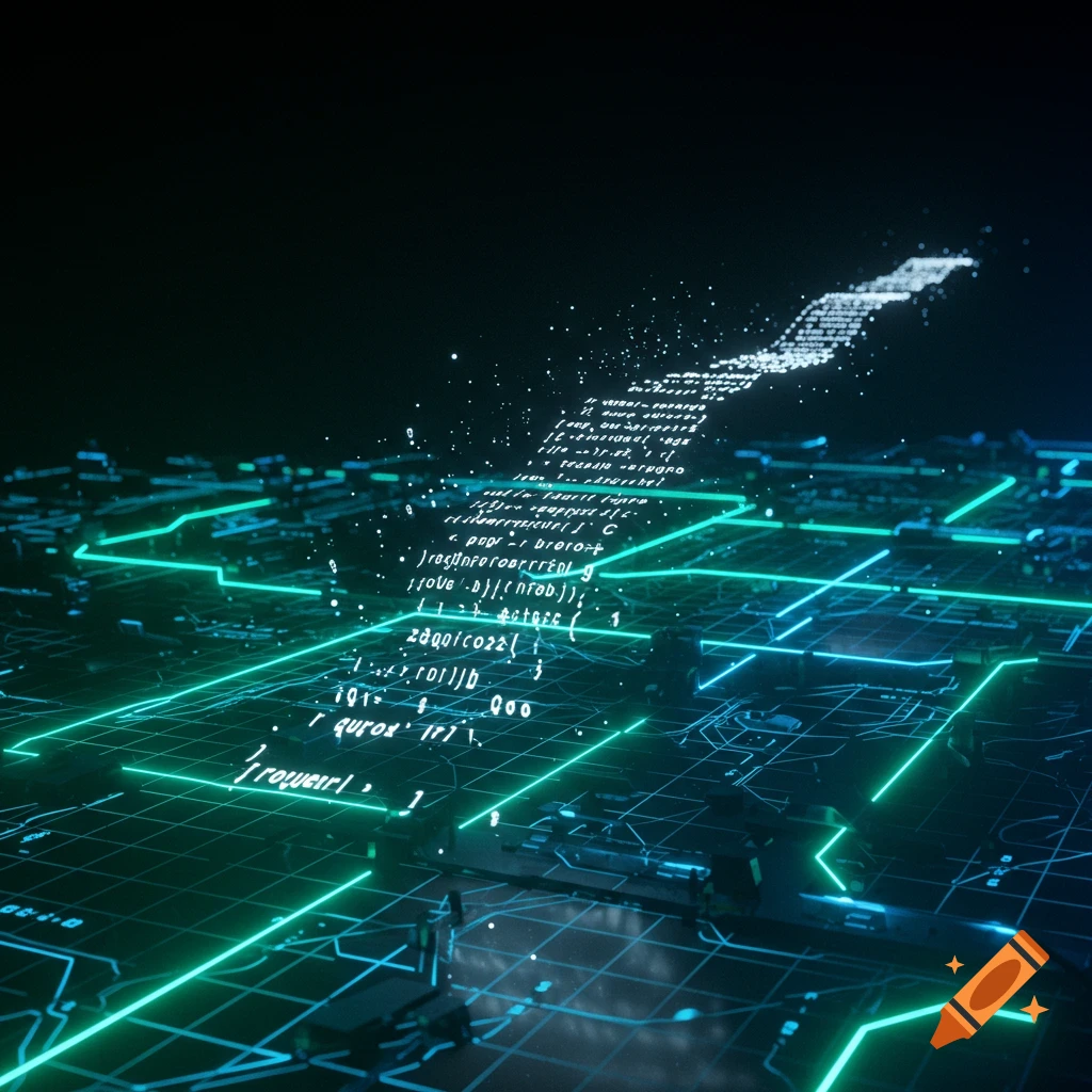 Abstract digital art of glowing green lines forming a circuit board pattern with a stream of data rising from it against a dark background.