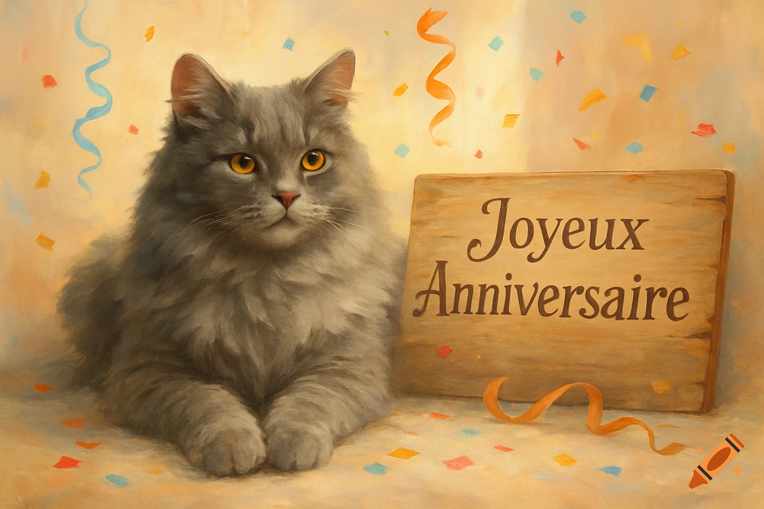A fluffy grey cat with amber eyes lies next to a wooden sign reading "Joyeux Anniversaire", surrounded by colorful confetti and ribbons.