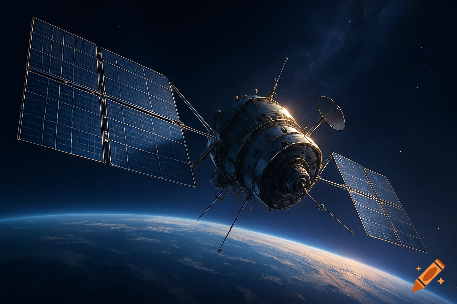 Photorealistic image of a satellite with solar panels orbiting Earth against a dark, starry space background.