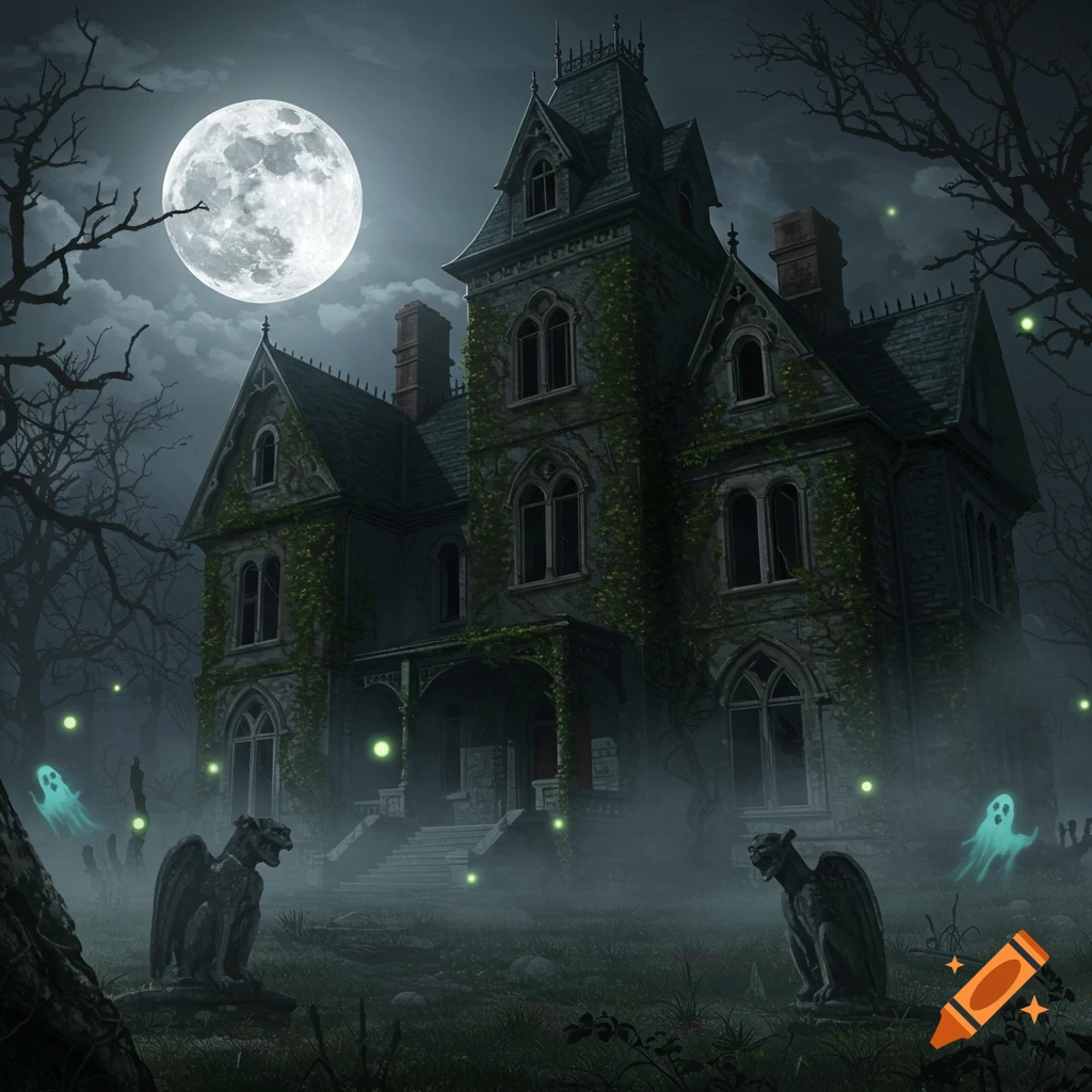 A creepy, overgrown gothic mansion stands under a bright full moon, shrouded in fog with bare trees, gargoyles, and glowing ghosts.
