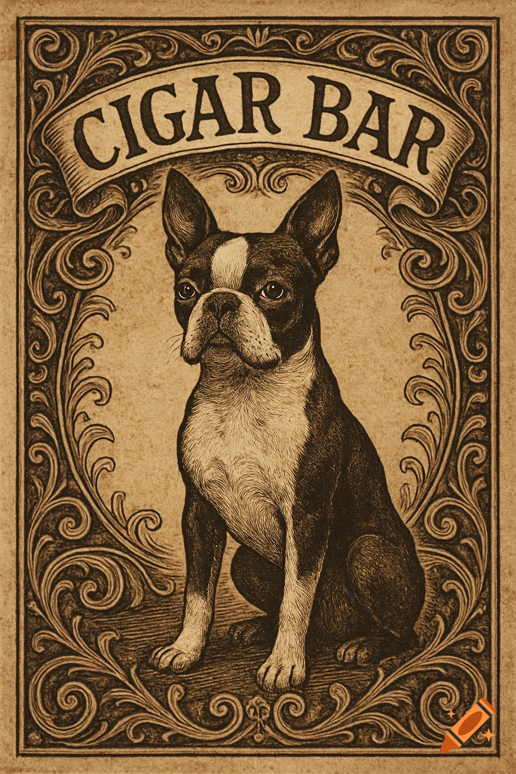 Vintage-style logo with a Boston terrier dog sitting below a "CIGAR BAR" banner, within an ornate sepia-toned frame.