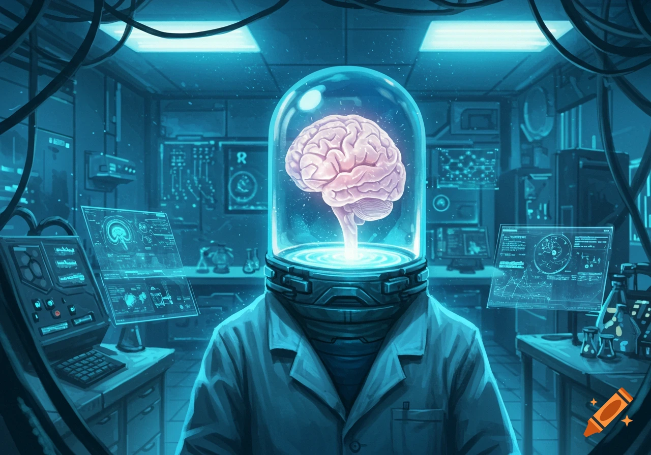 Futuristic image of a scientist with a glowing brain in a glass dome head, in a blue-lit lab with holographic screens.